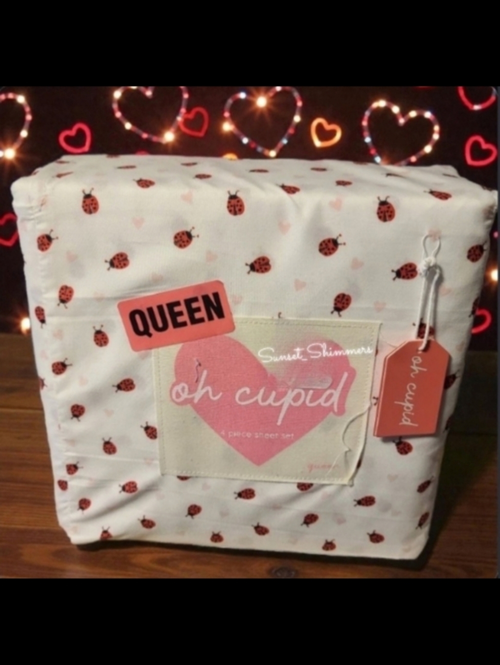 Valentine's Day Love Bug Lady Bug Heart Pattern Queen Sheet Set 4 Piece NWT Soft